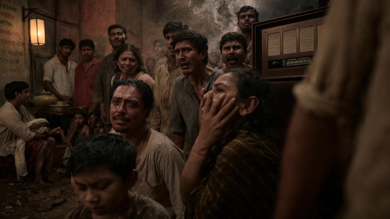 Vande Mataram ending frame with tearful listeners gathered around a radio